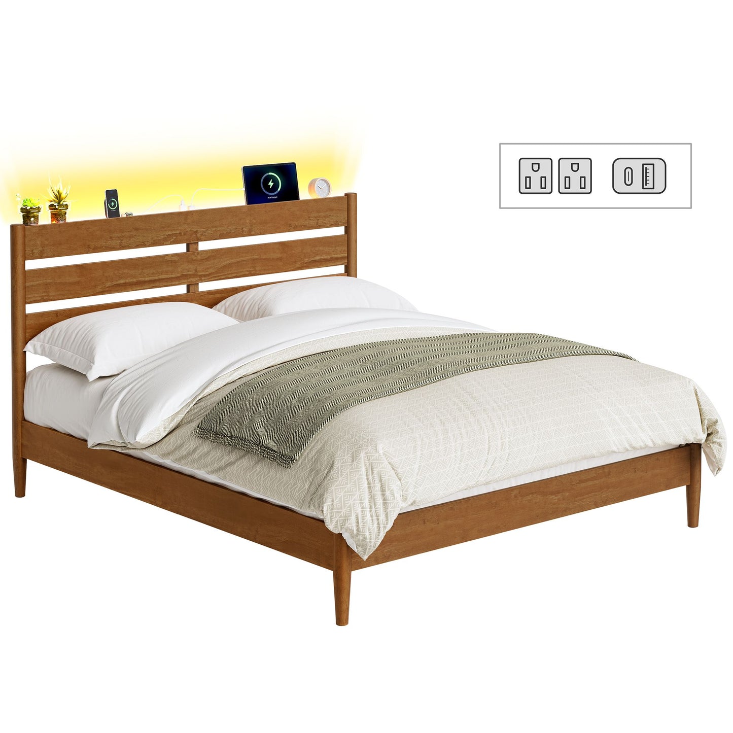 VASAGLE Bed Frame, Wood Platform Bed with Storage Headboard | URMB411K01V1S