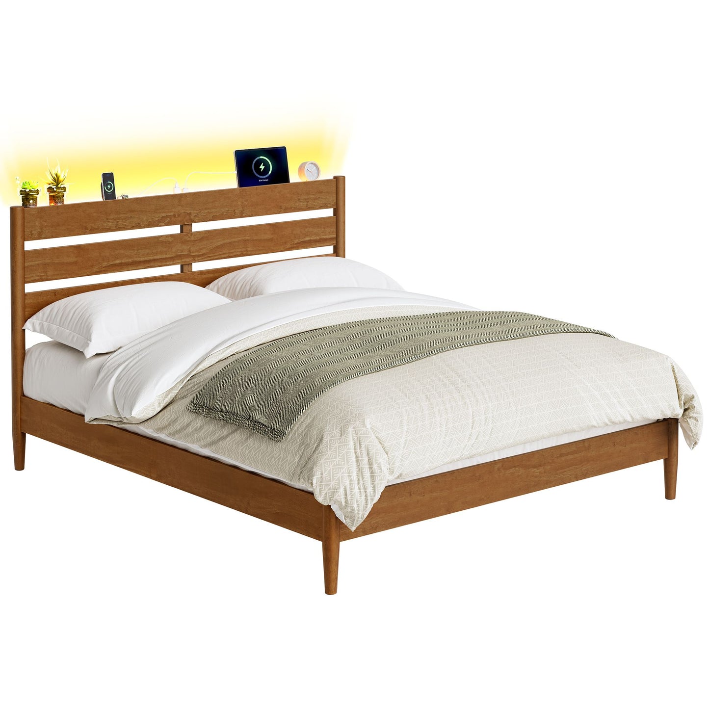 VASAGLE Bed Frame, Wood Platform Bed with Storage Headboard | URMB411K01V1S