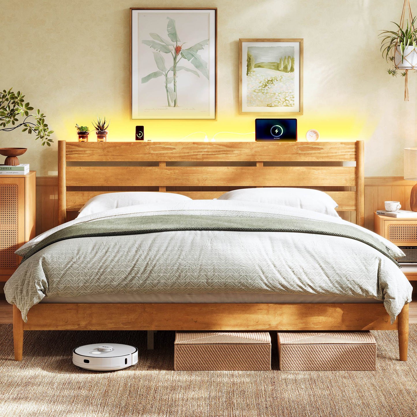 SONGMICS HOME King Bed Frame with Headboard, LED Lights, Charging Station, Storage Shelf, Caramel Brown