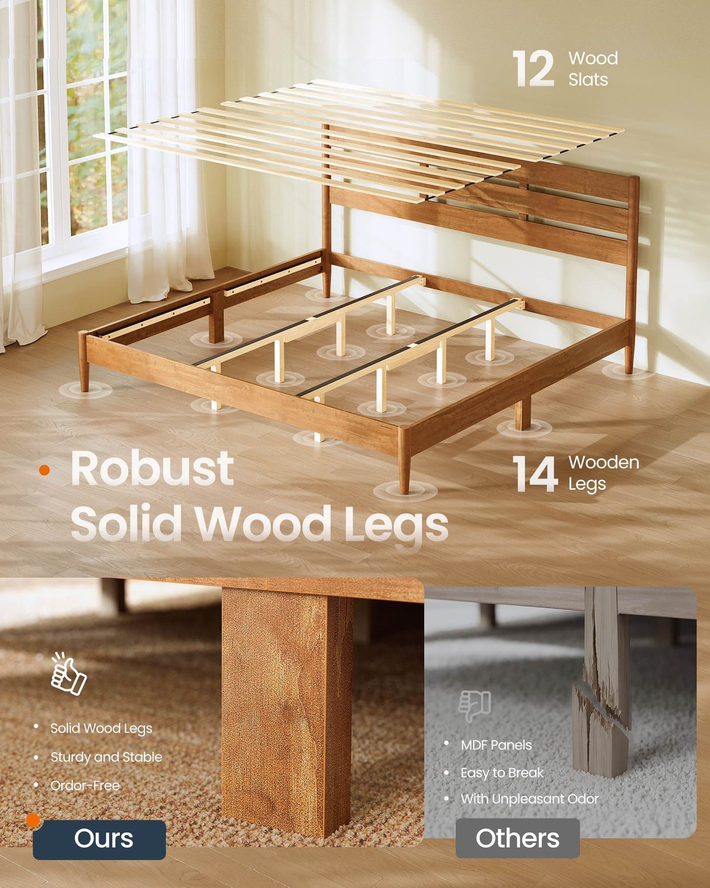 SONGMICS HOME King Bed Frame with Headboard, LED Lights, Charging Station, Storage Shelf, Caramel Brown