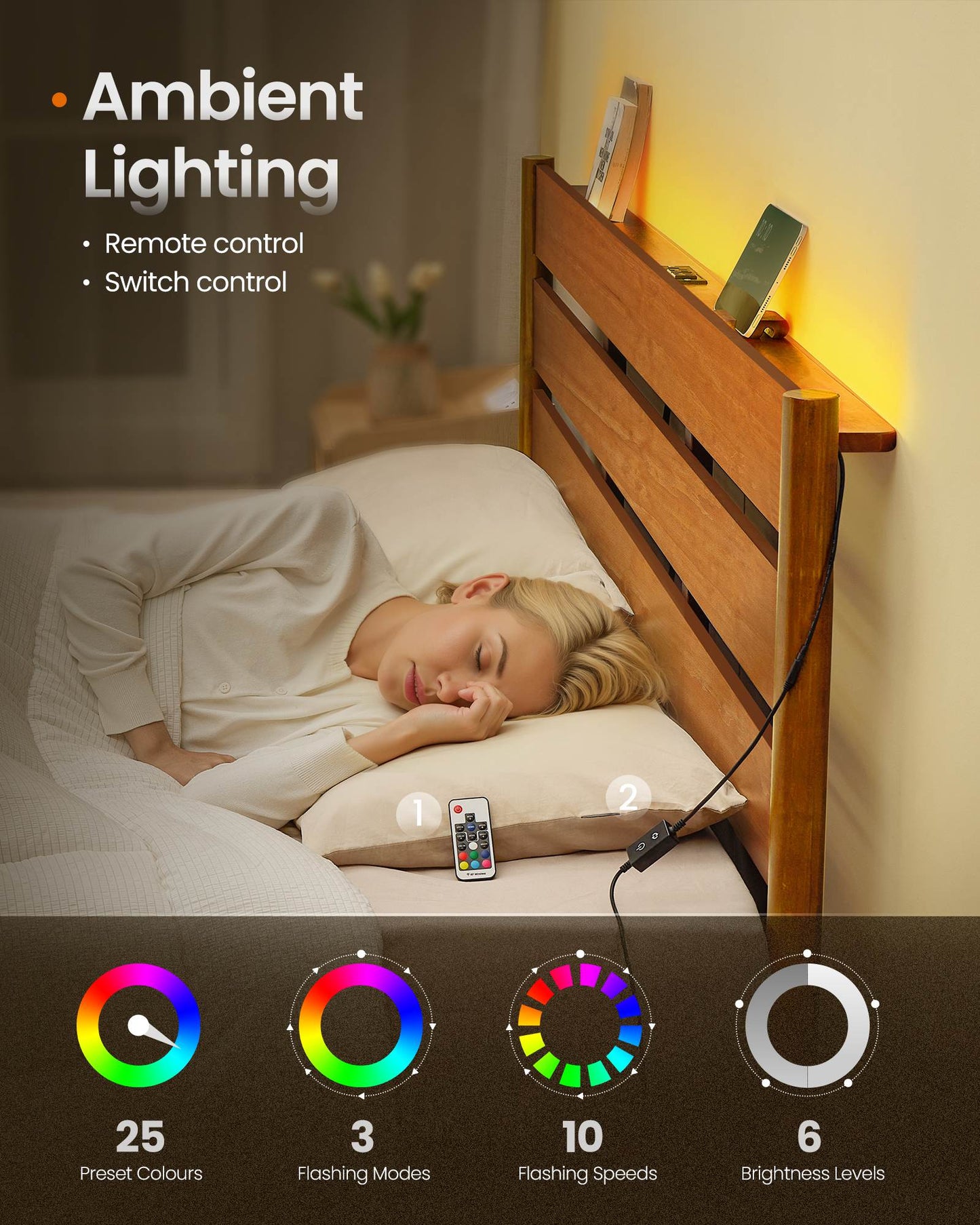 SONGMICS HOME King Bed Frame with Headboard, LED Lights, Charging Station, Storage Shelf, Caramel Brown