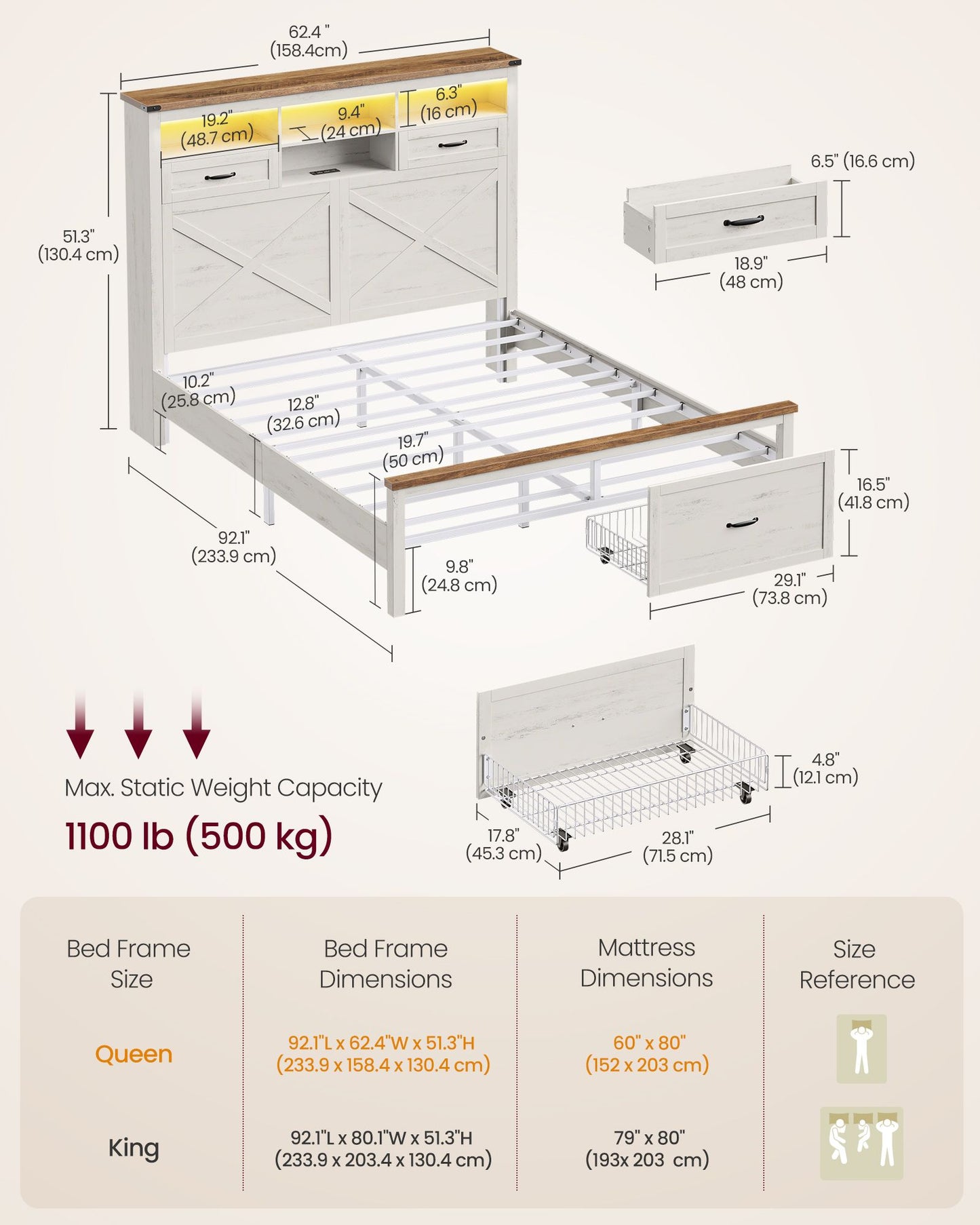 VASAGLE Queen Bed Frame with Storage Headboard