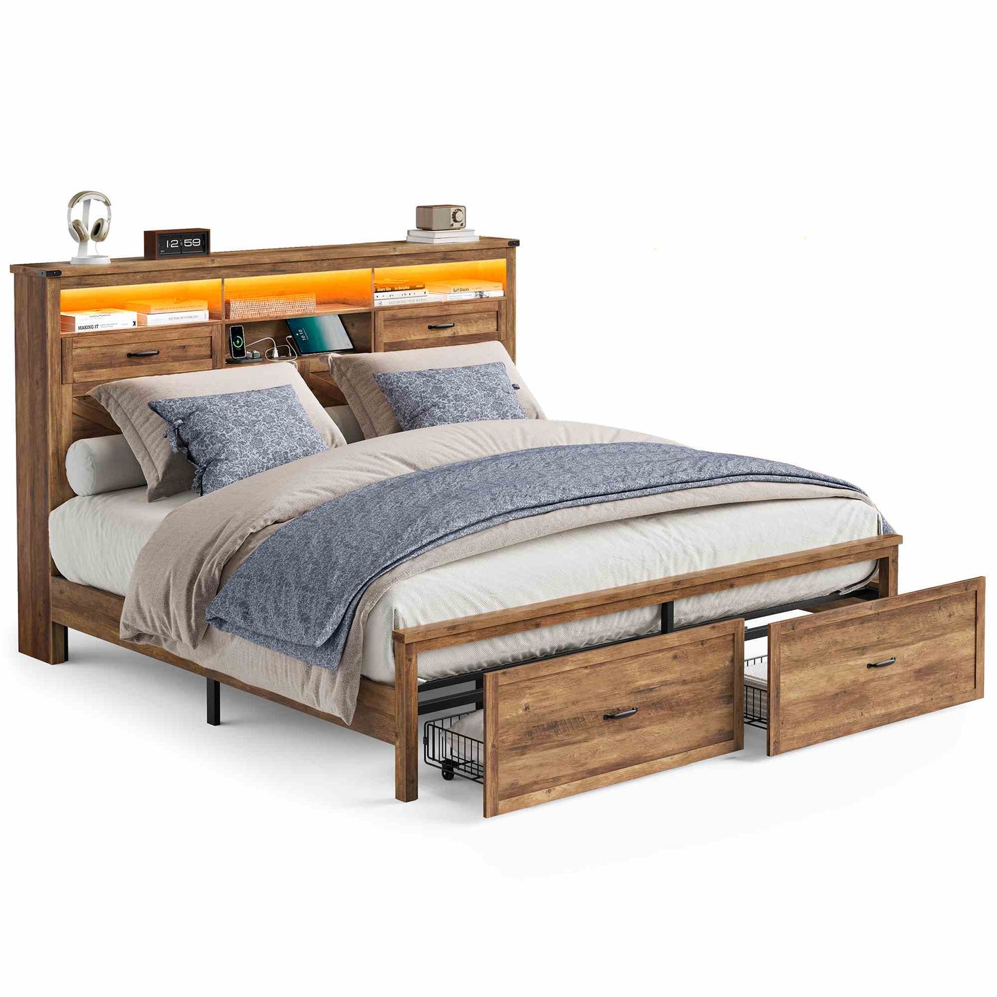 VASAGLE King Bed Frame with Storage Headboard – Honey Brown