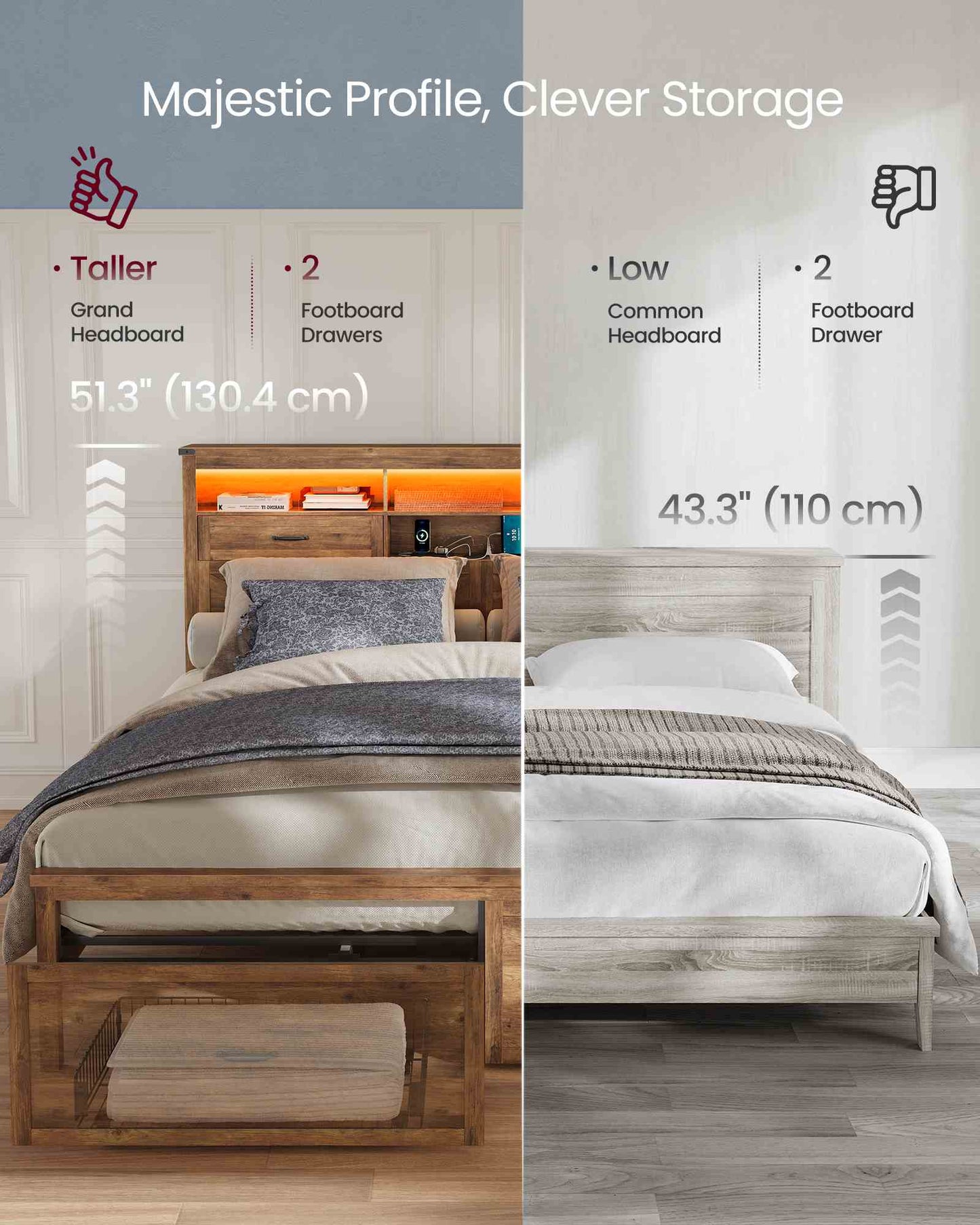 VASAGLE King Bed Frame with Storage Headboard – Honey Brown