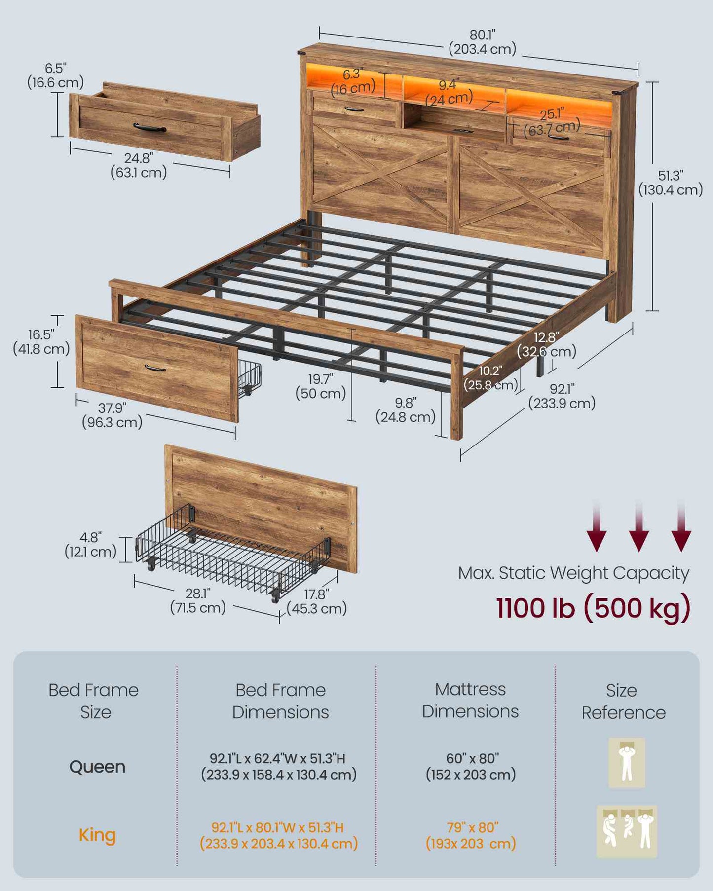 VASAGLE King Bed Frame with Storage Headboard – Honey Brown