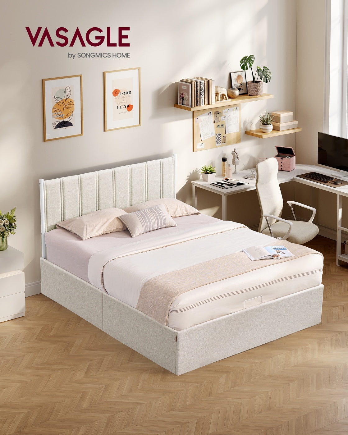 VASAGLE Lift Up Storage Bed Frame Queen Size – Cappuccino Beige