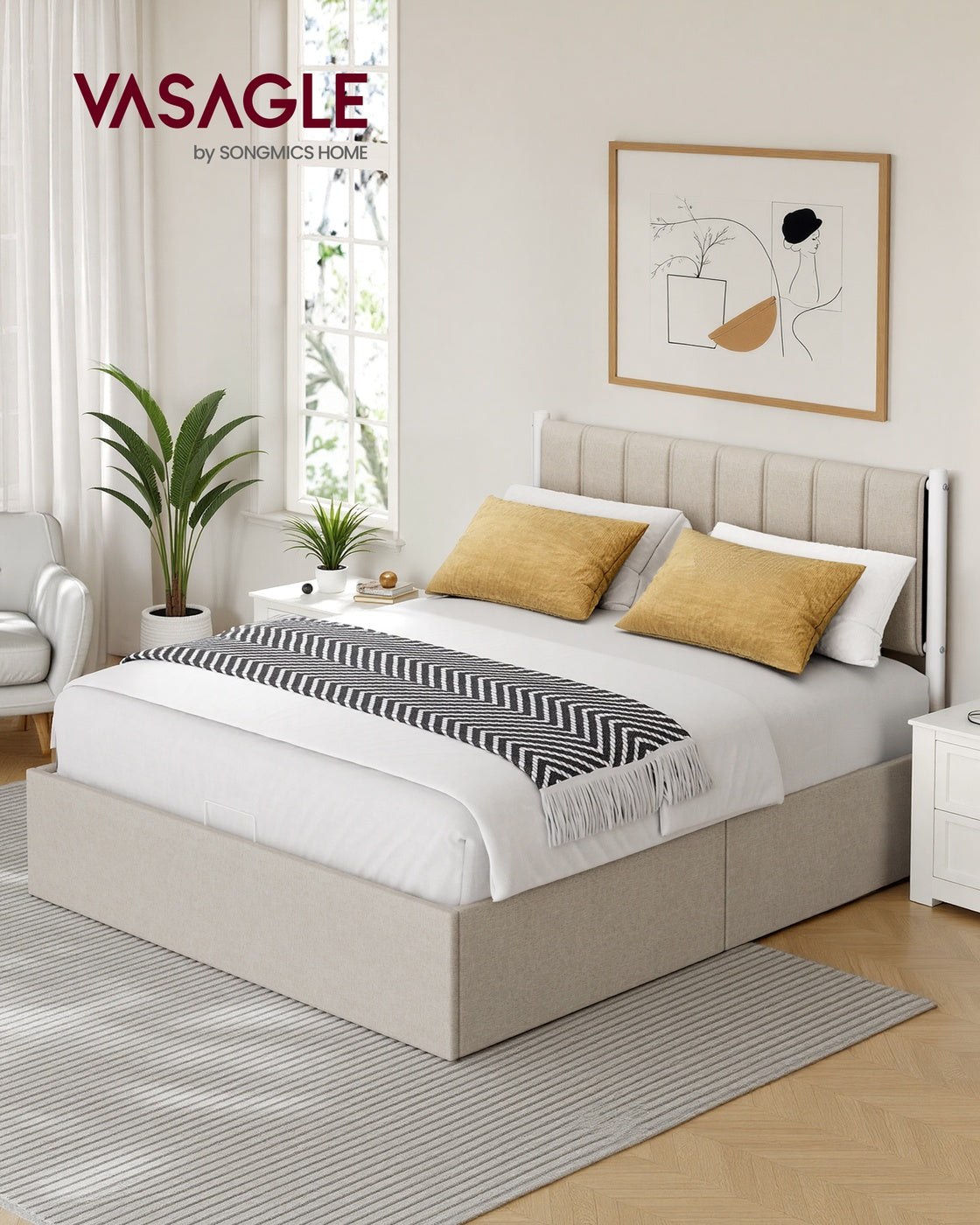 VASAGLE Lift Up Storage Bed Frame Queen Size – Cappuccino Beige