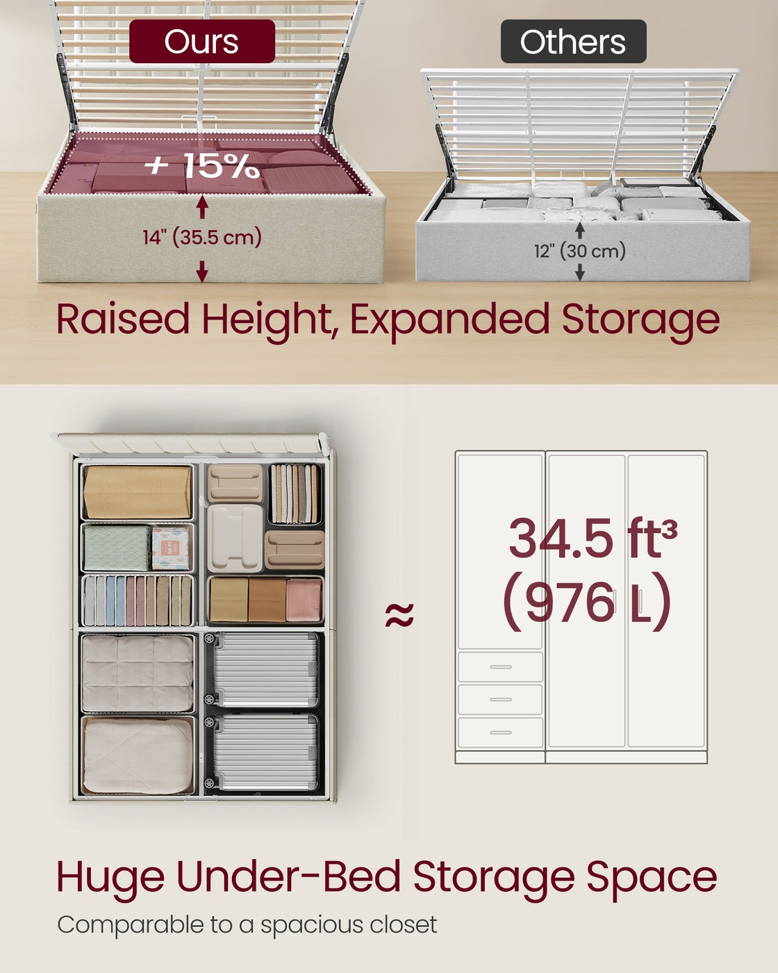 VASAGLE Lift Up Storage Bed Frame Queen Size – Cappuccino Beige