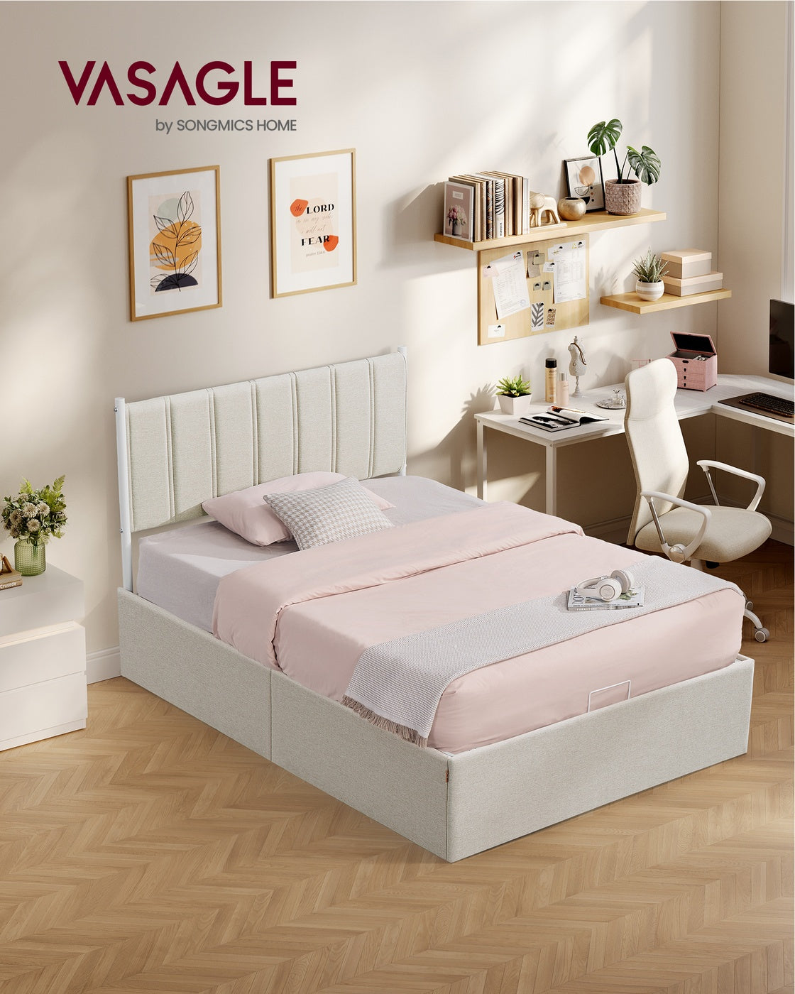 VASAGLE Lift Up Storage Bed Frame Full Size – Cappuccino Beige