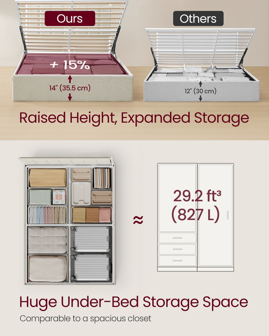 VASAGLE Lift Up Storage Bed Frame Full Size – Cappuccino Beige