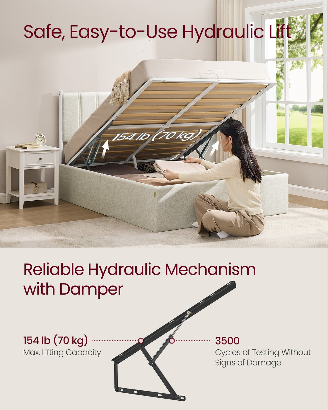 VASAGLE Lift Up Storage Bed Frame Full Size – Cappuccino Beige
