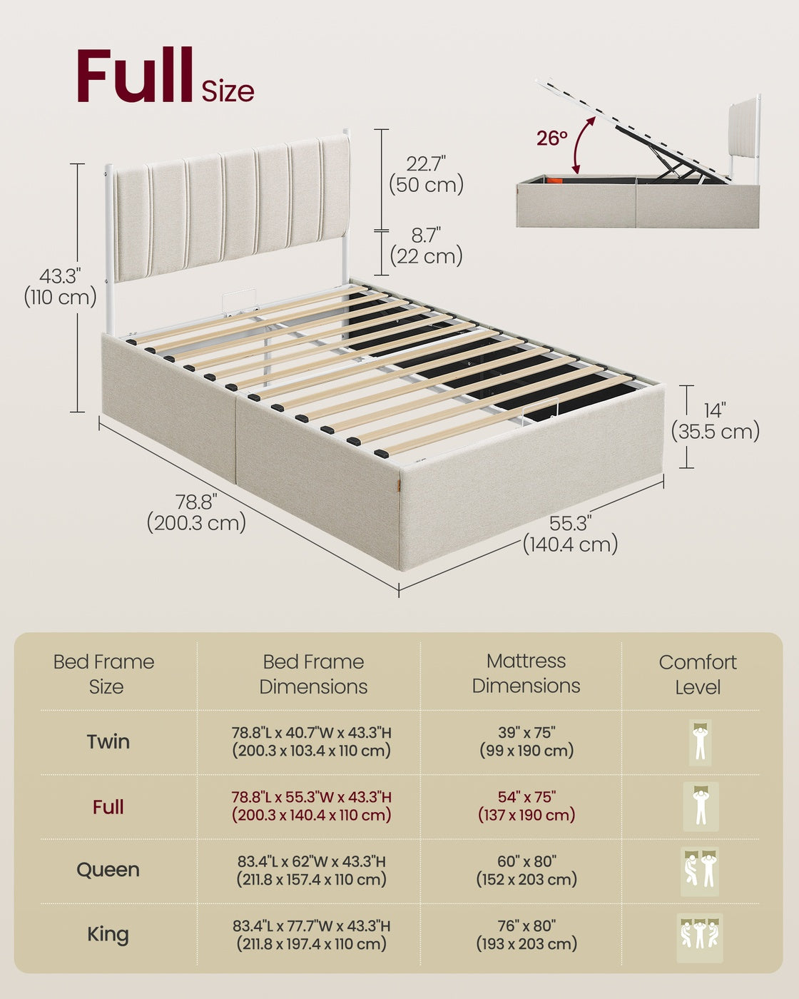 VASAGLE Lift Up Storage Bed Frame Full Size – Cappuccino Beige