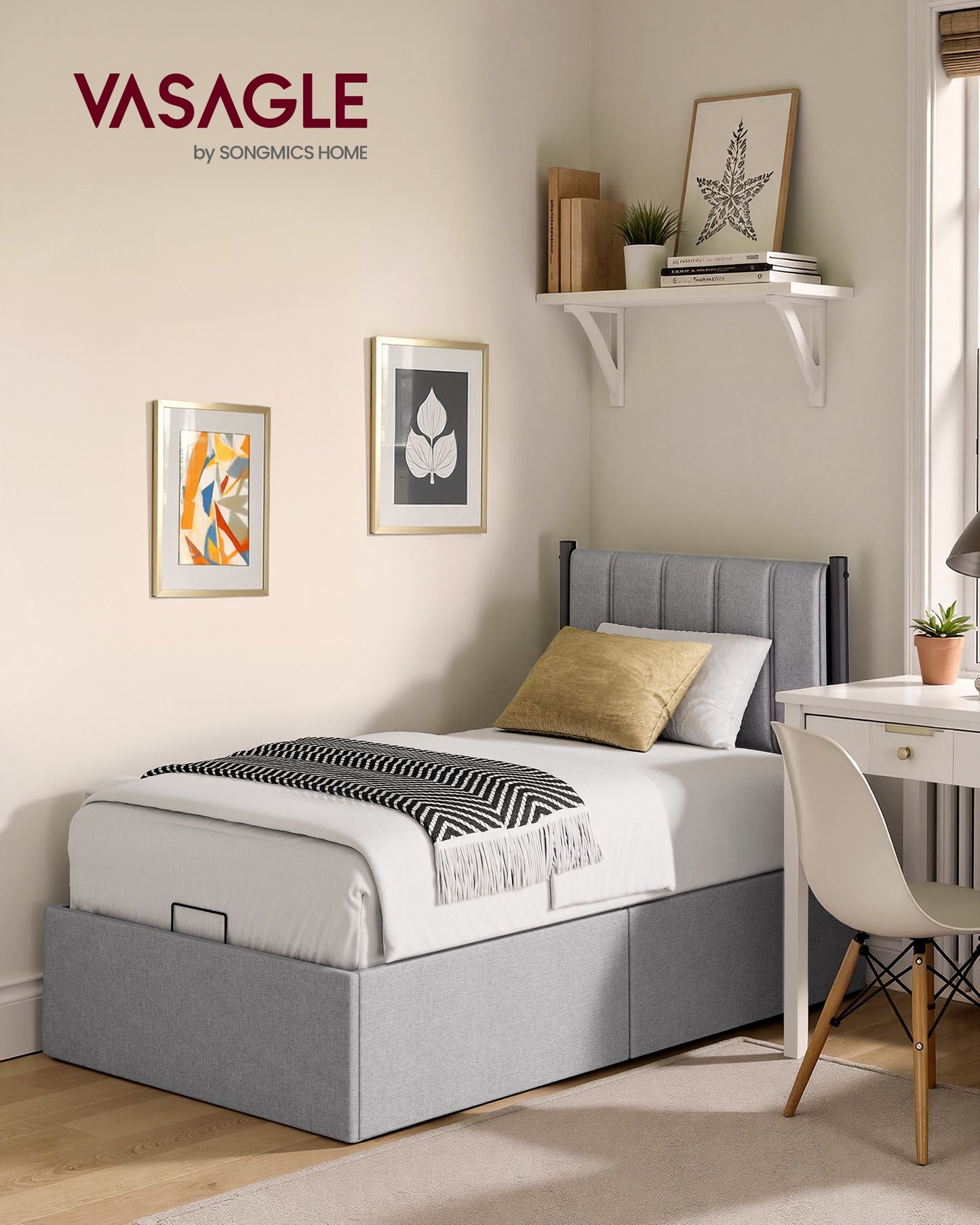 VASAGLE Lift Up Storage Bed Frame Twin Size – Dove Gray