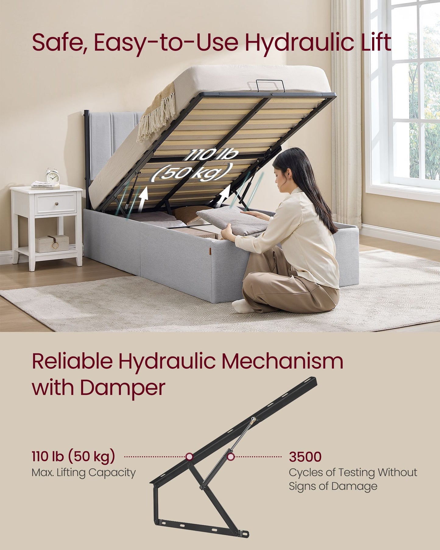 VASAGLE Lift Up Storage Bed Frame Twin Size – Dove Gray