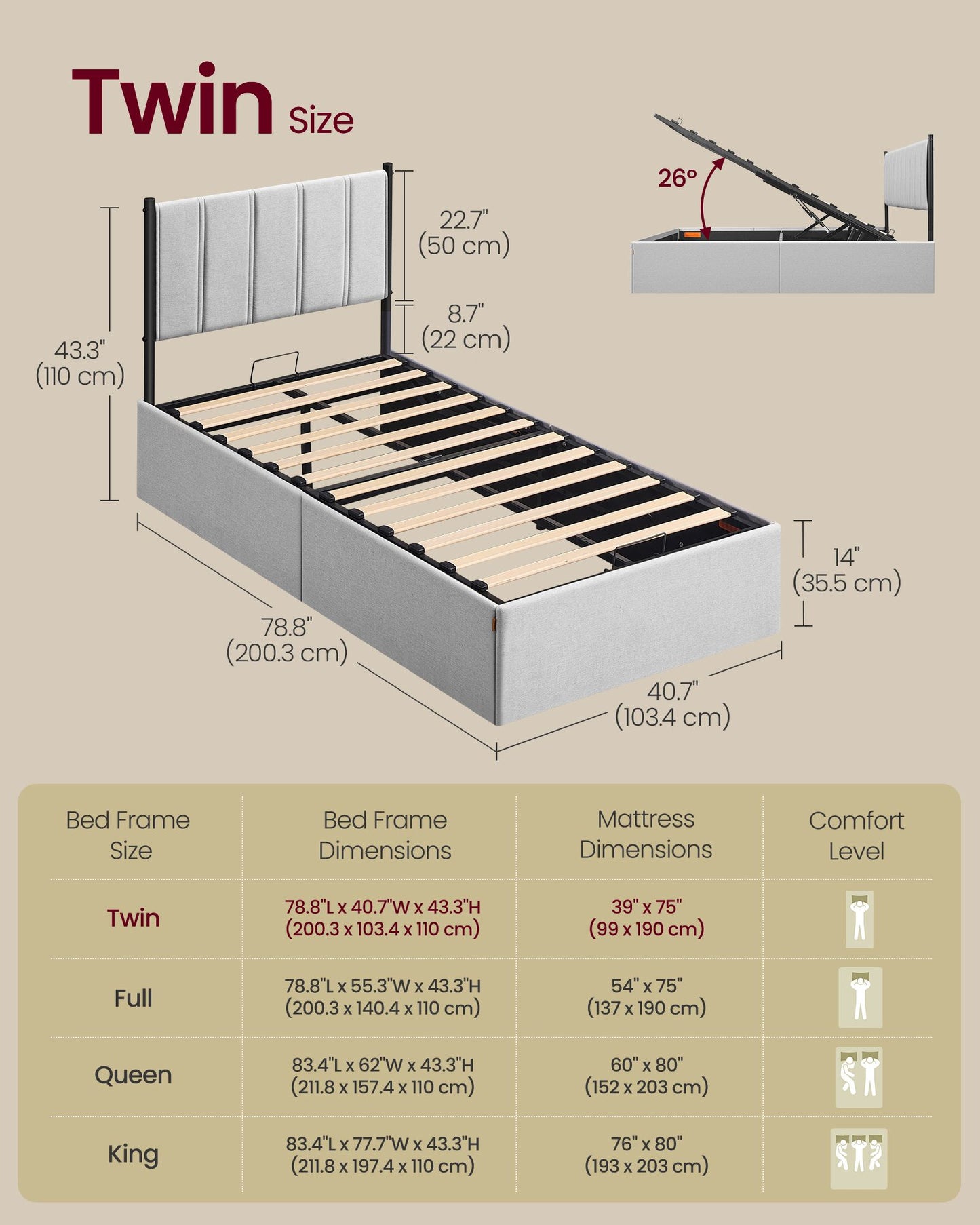VASAGLE Lift Up Storage Bed Frame Twin Size – Dove Gray