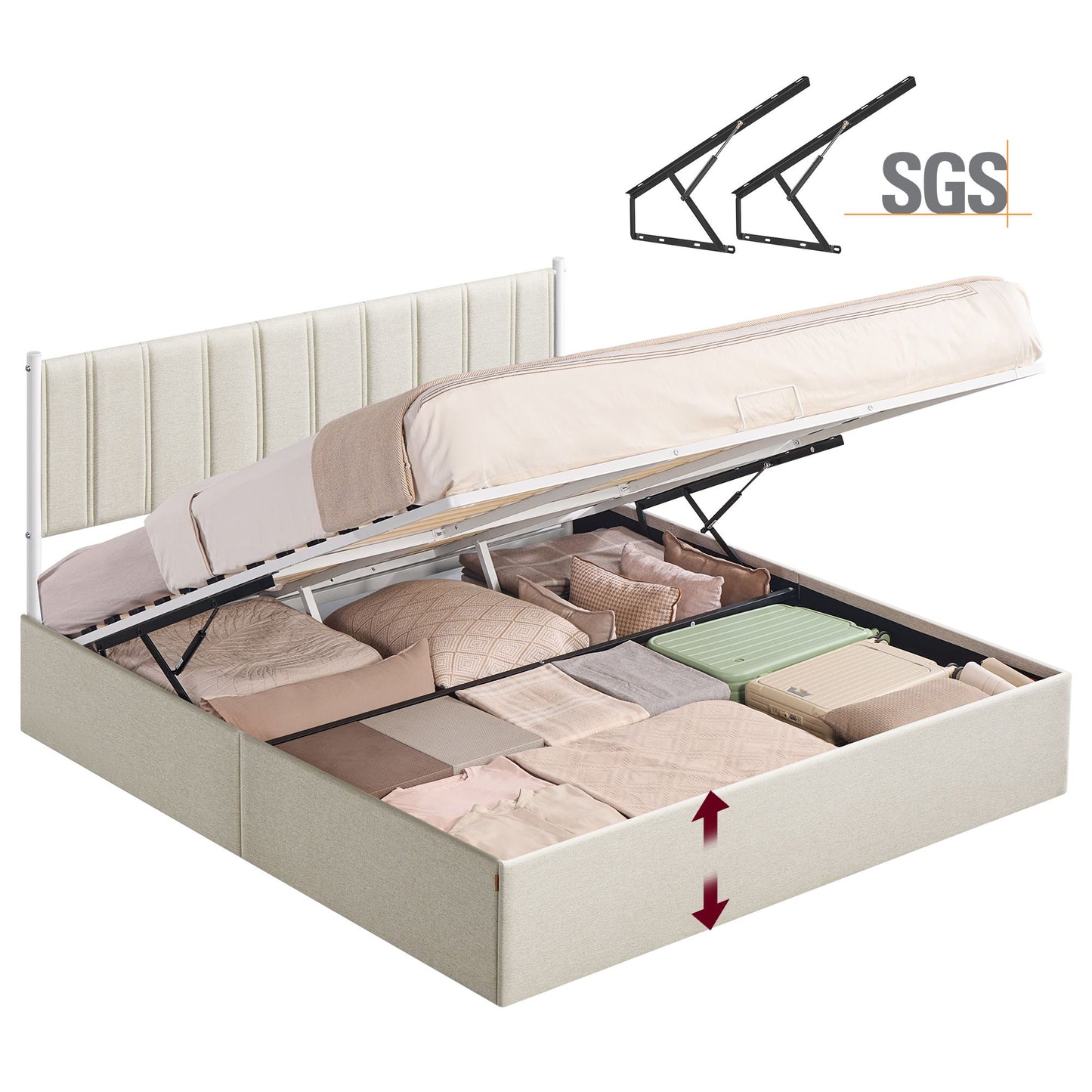 VASAGLE Lift Up Storage Bed Frame King Size – Cappuccino Beige