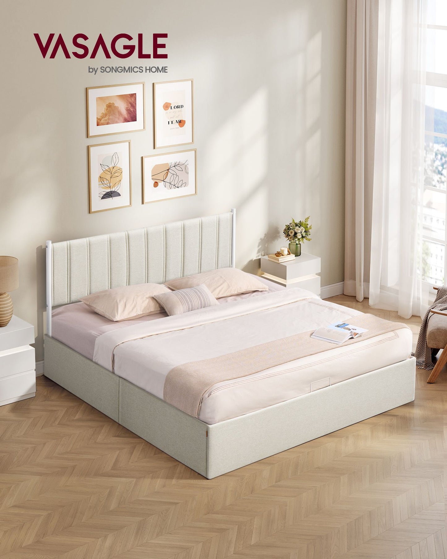 VASAGLE Lift Up Storage Bed Frame King Size – Cappuccino Beige