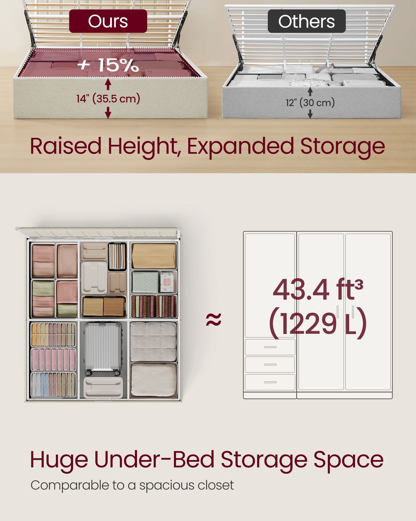 VASAGLE Lift Up Storage Bed Frame King Size – Cappuccino Beige