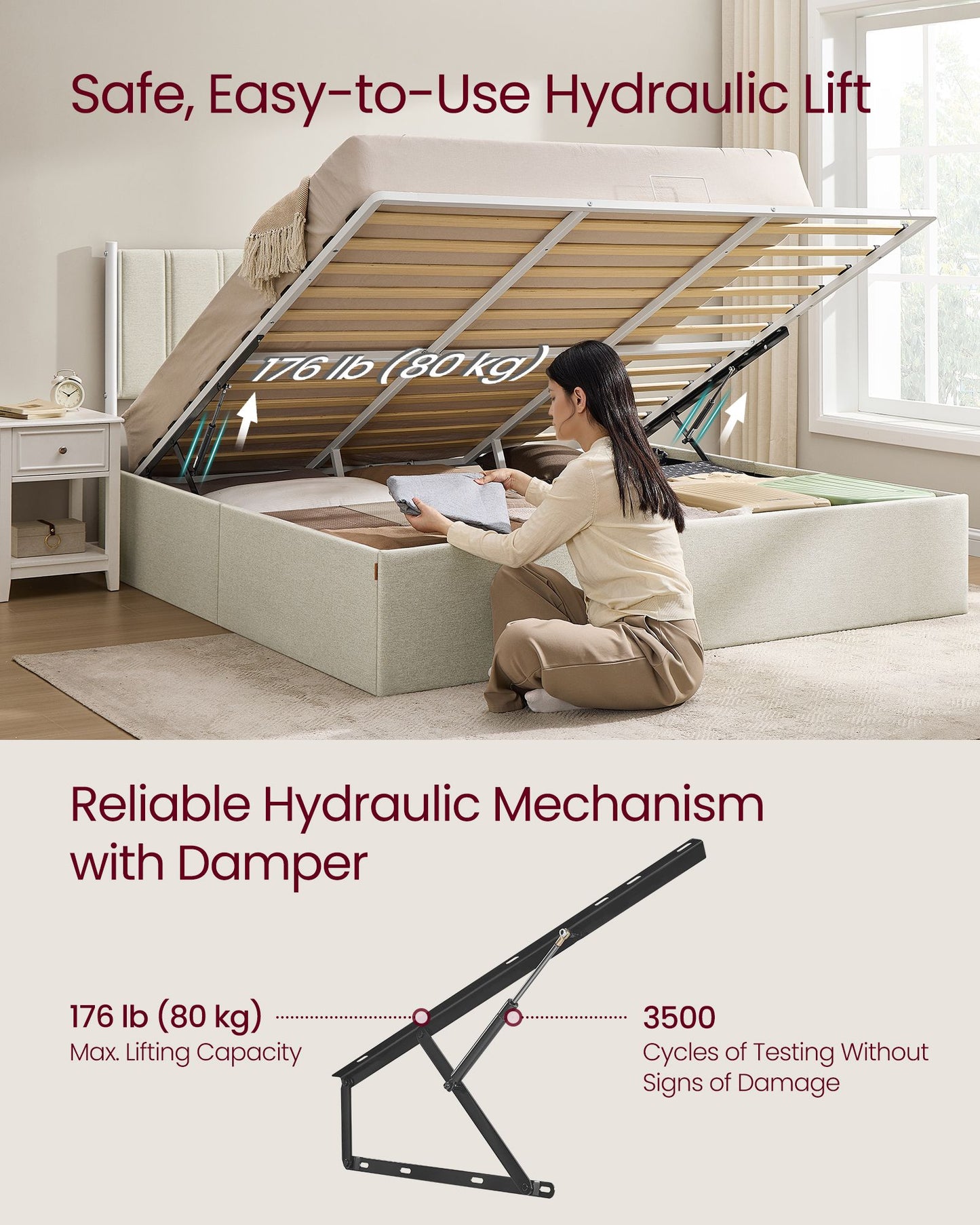 VASAGLE Lift Up Storage Bed Frame King Size – Cappuccino Beige