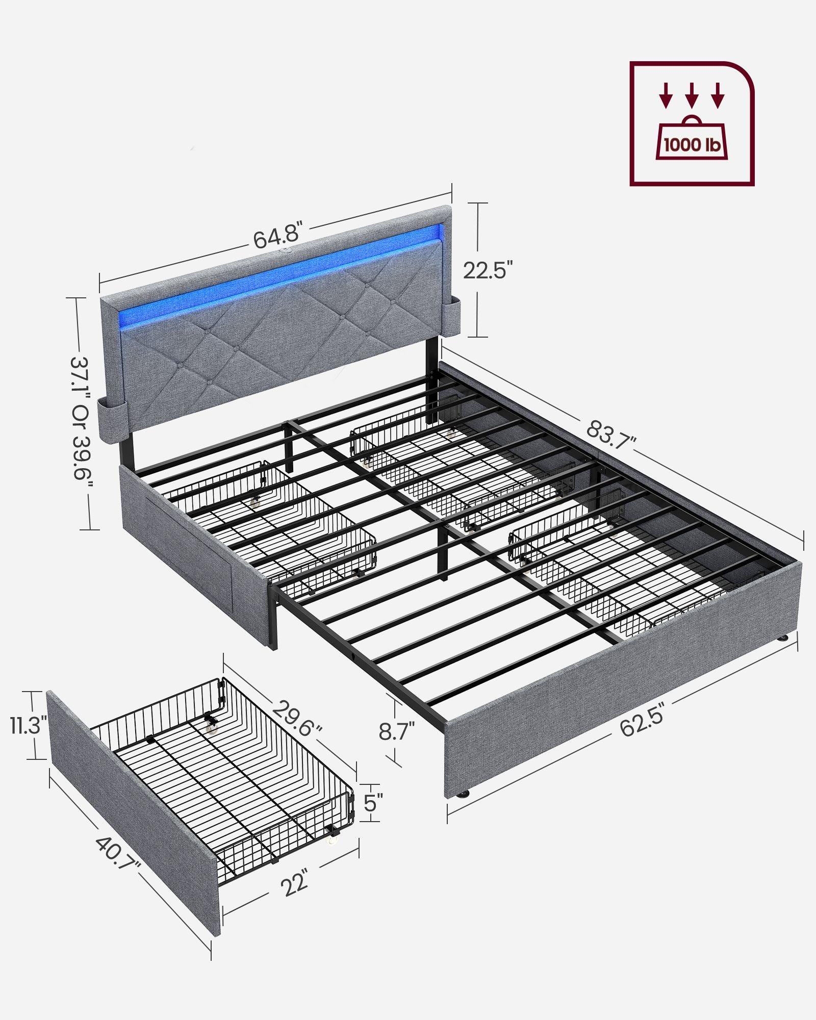 LED Bed Frame Queen Size with Headboard and 4 Drawers FredCo