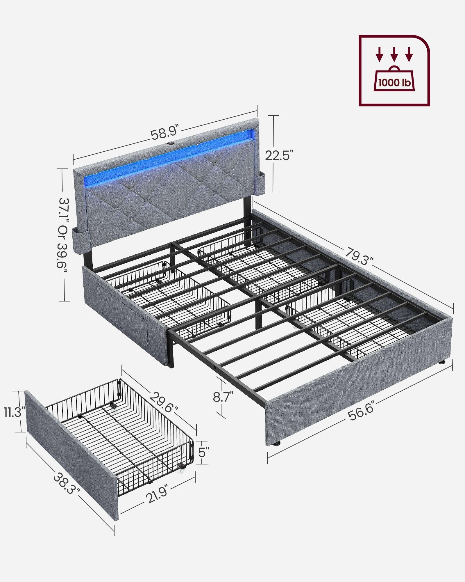LED Bed Frame Full Size with Headboard and 4 Drawers FredCo