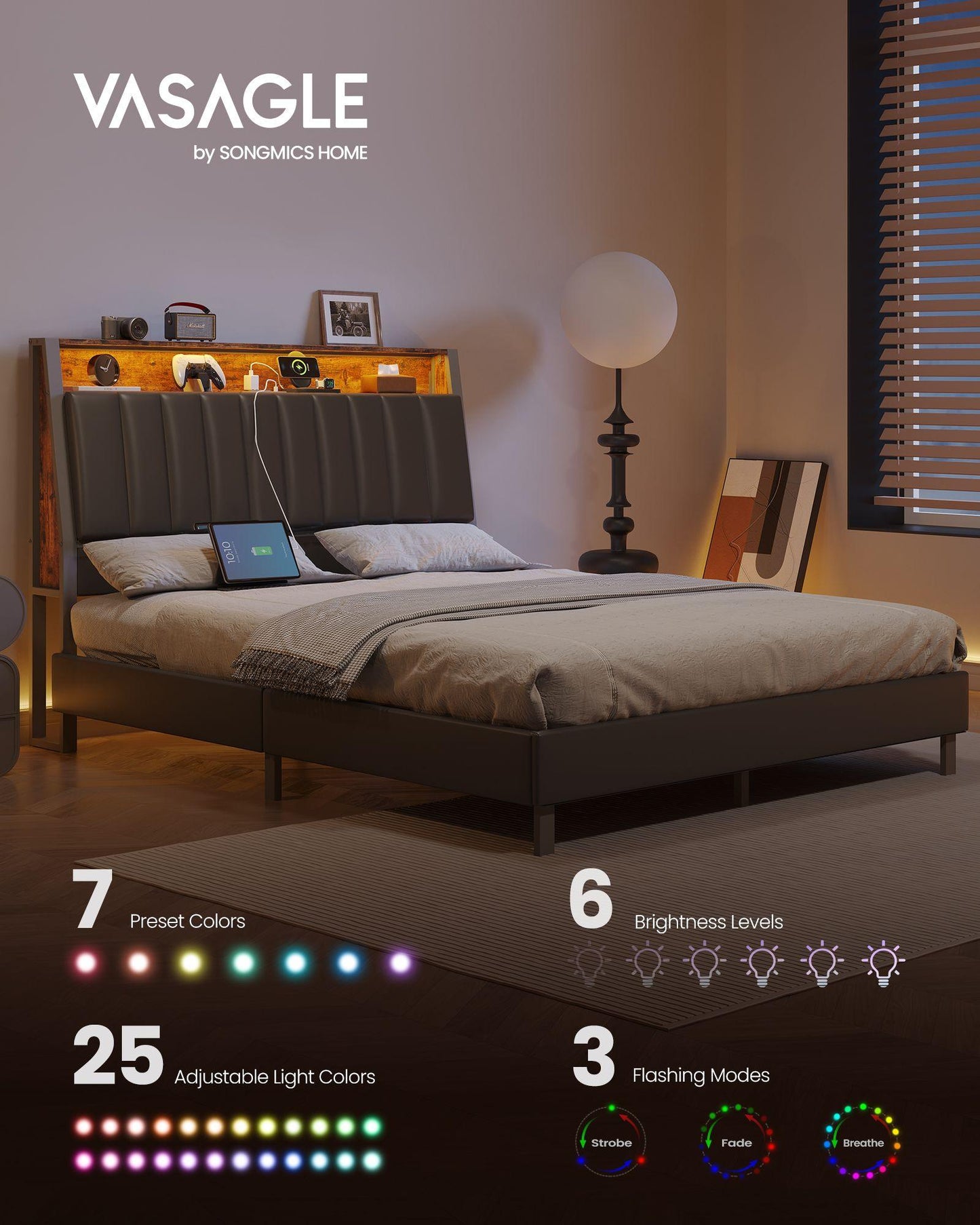 LED Bed Frame Queen Size, Storage Headboard and Charging Station FredCo