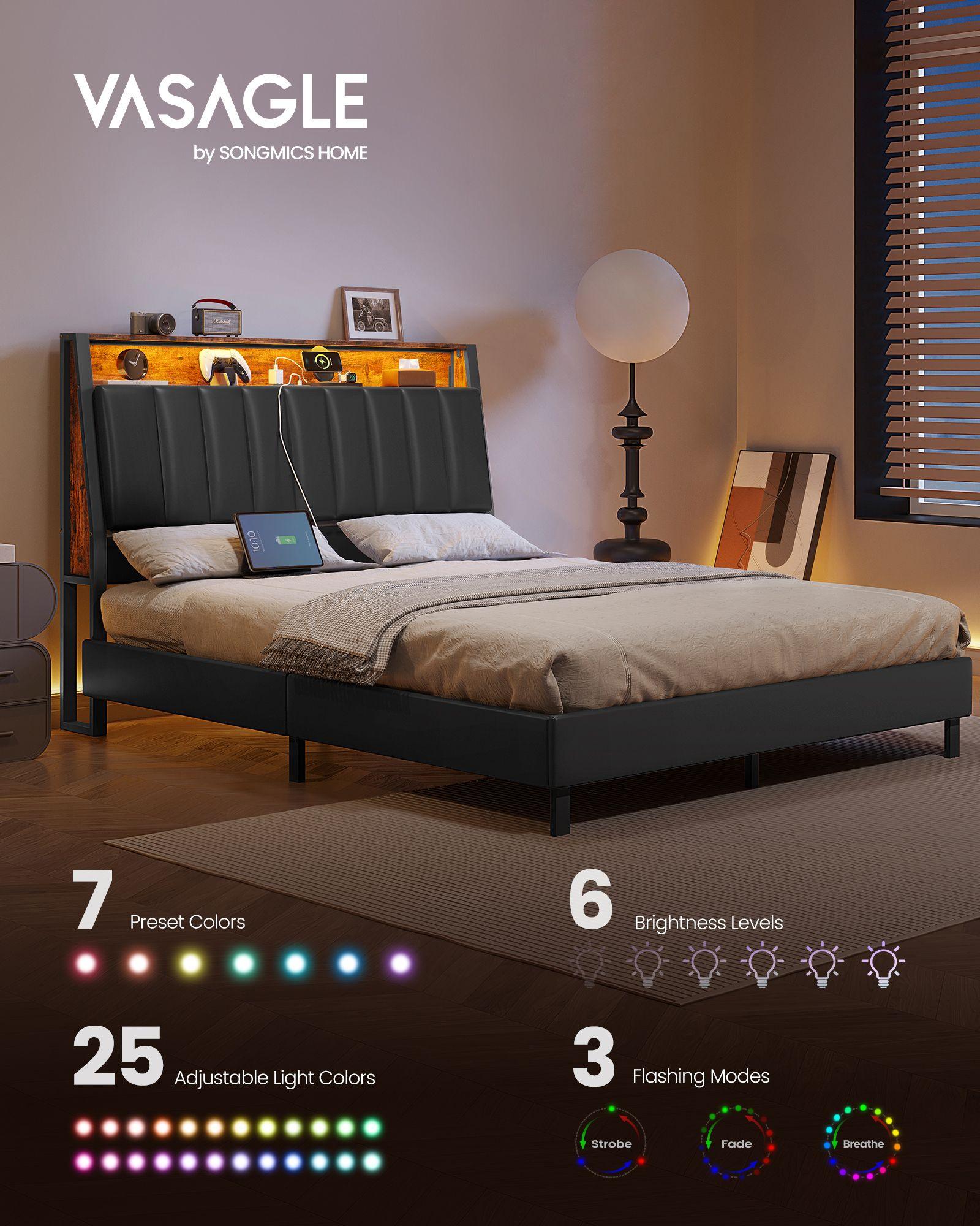 LED Bed Frame Full Size, Storage Headboard and Charging Station FredCo