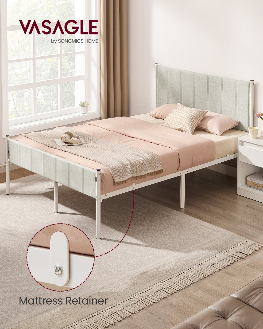 VASAGLE Queen Bed Frame, Dove Gray, Upholstered Headboard, Sturdy Steel, No Box Spring Needed – Cappuccino Beige