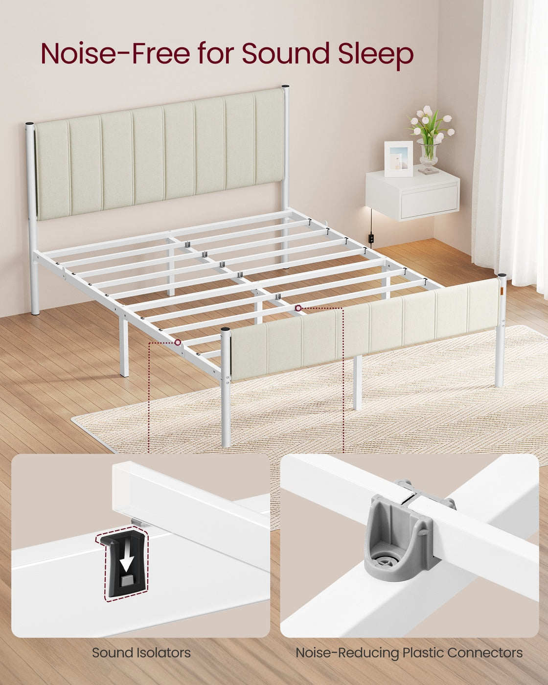 VASAGLE Queen Bed Frame, Dove Gray, Upholstered Headboard, Sturdy Steel, No Box Spring Needed – Cappuccino Beige