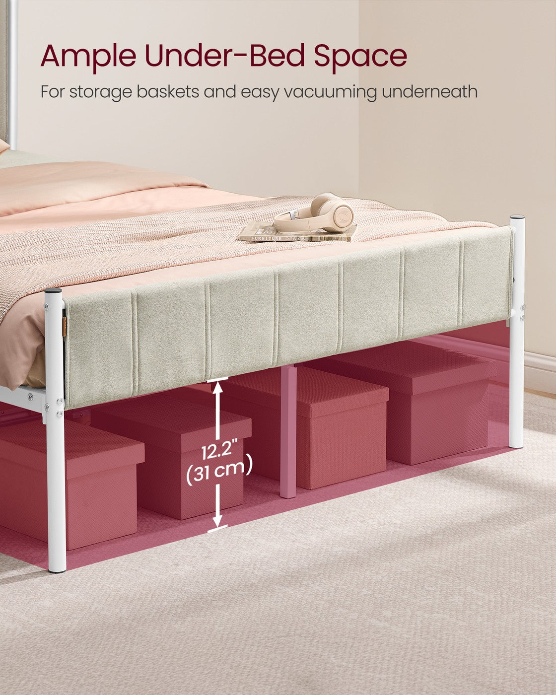 VASAGLE Queen Bed Frame, Dove Gray, Upholstered Headboard, Sturdy Steel, No Box Spring Needed – Cappuccino Beige