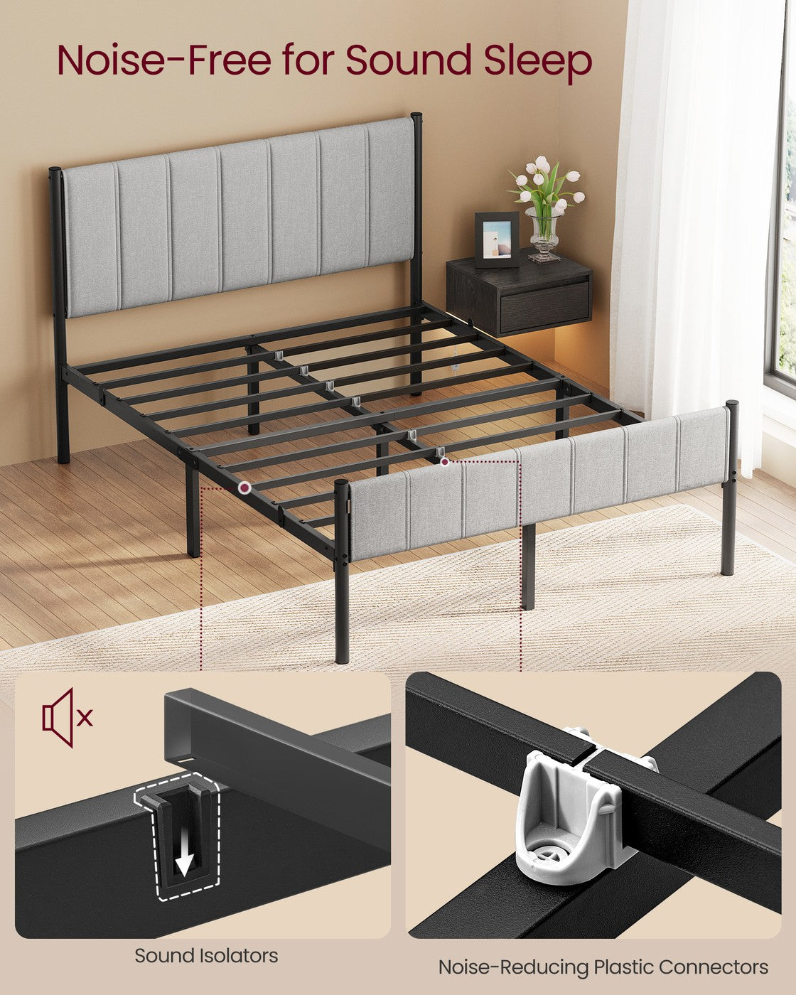 VASAGLE Full Bed Frame with Upholstered Headboard – Dove Gray