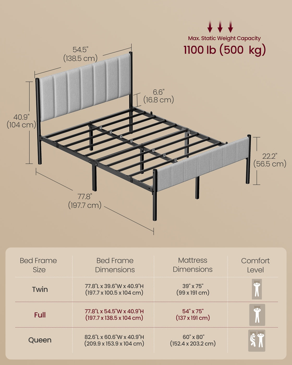 VASAGLE Full Bed Frame with Upholstered Headboard – Dove Gray