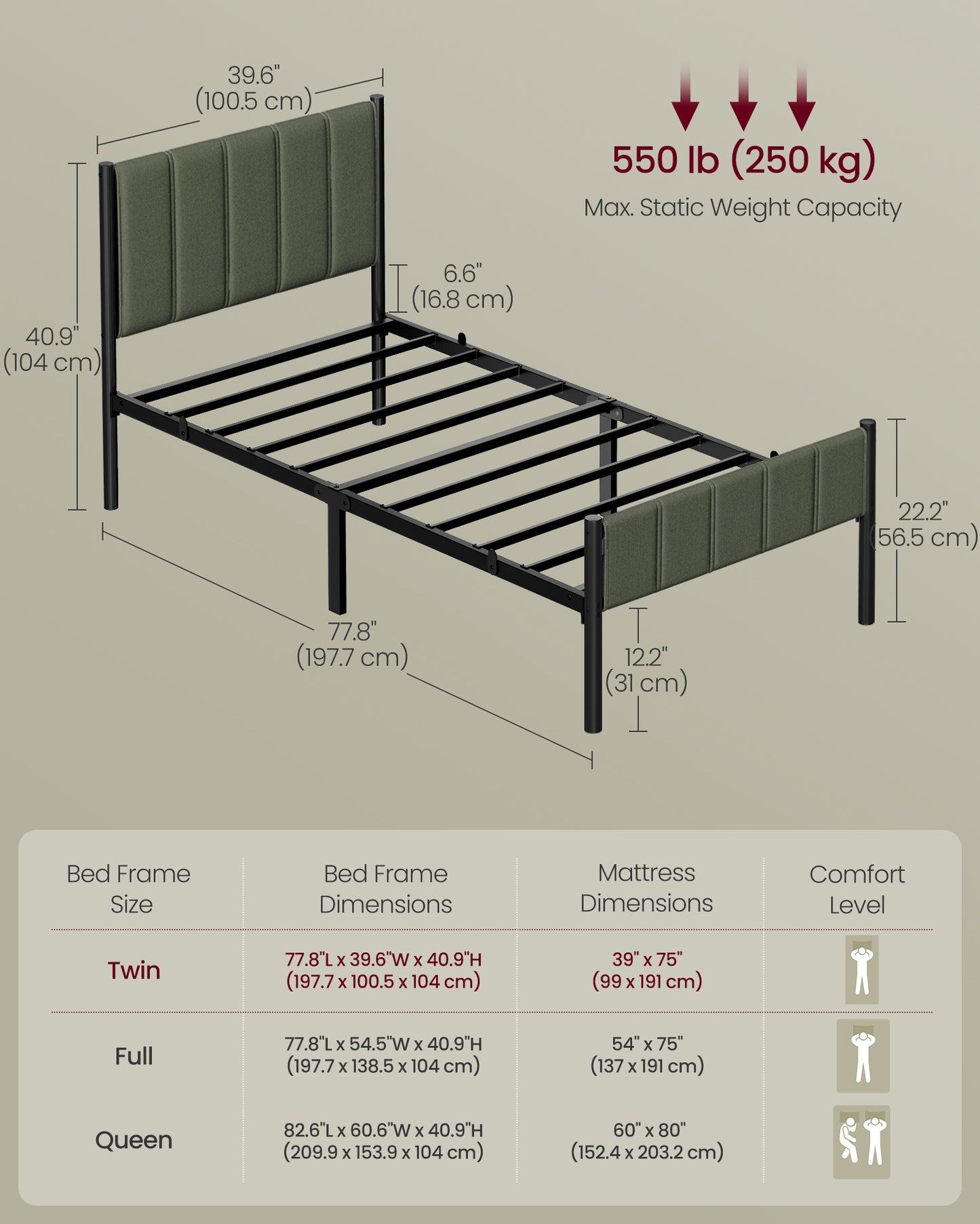 VASAGLE Twin Bed Frame with Upholstered Headboard