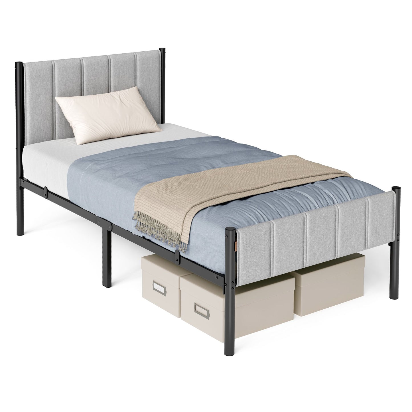 VASAGLE Twin Bed Frame with Upholstered Headboard – Dove Gray
