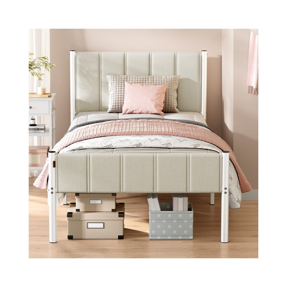 VASAGLE Twin Bed Frame with Upholstered Headboard – Cappuccino Beige