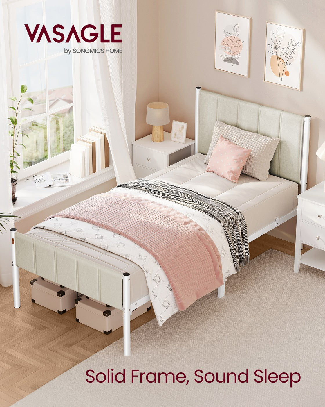 VASAGLE Twin Bed Frame with Upholstered Headboard – Cappuccino Beige