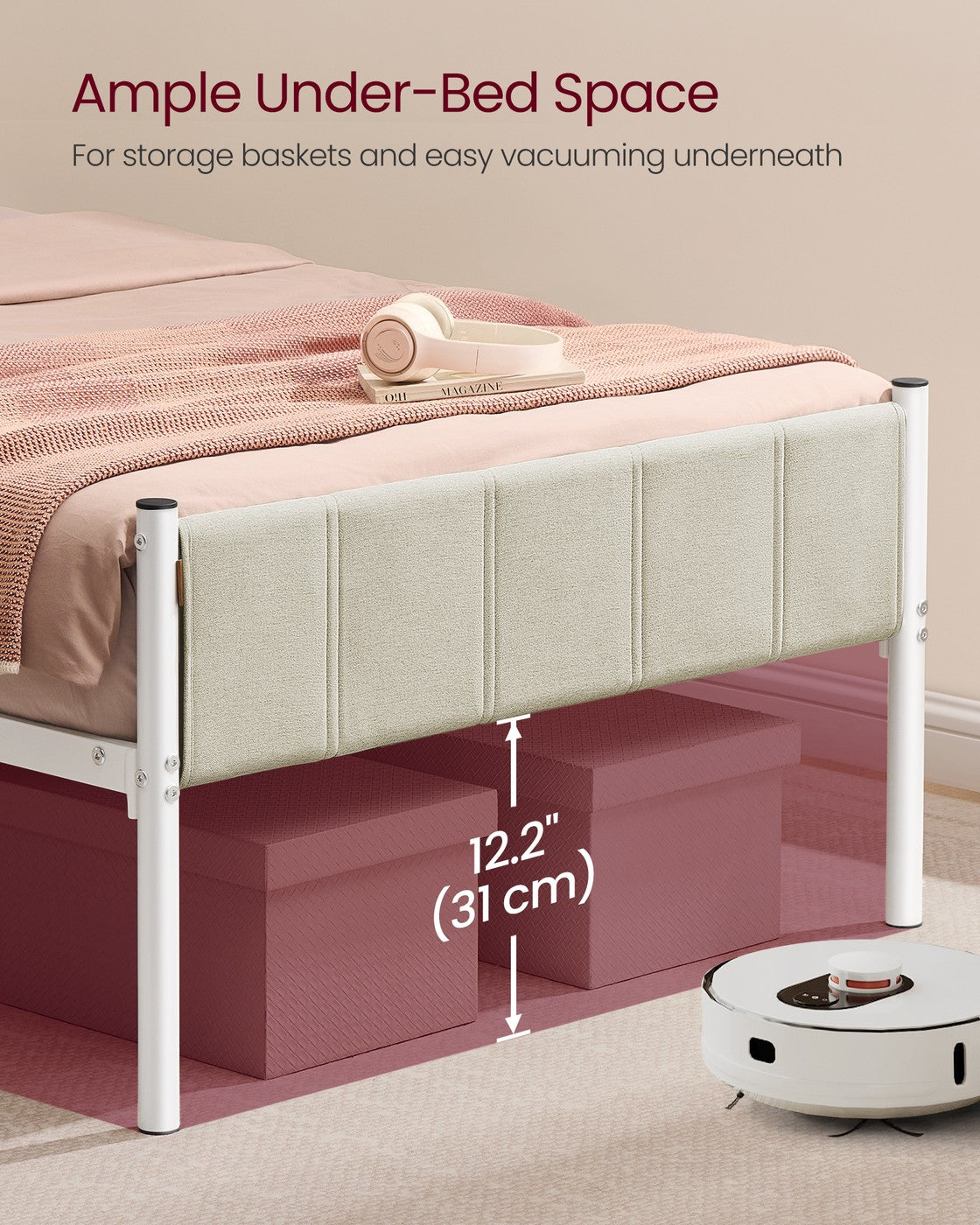 VASAGLE Twin Bed Frame with Upholstered Headboard – Cappuccino Beige