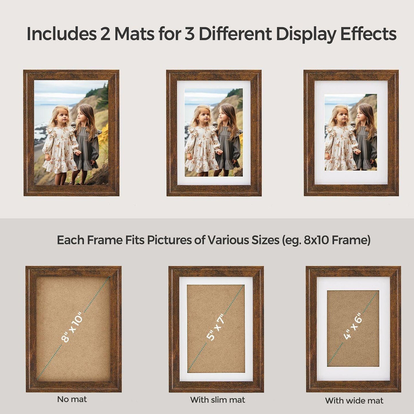 Set of 7 Picture Frames with 10 Mats Rustic Brown