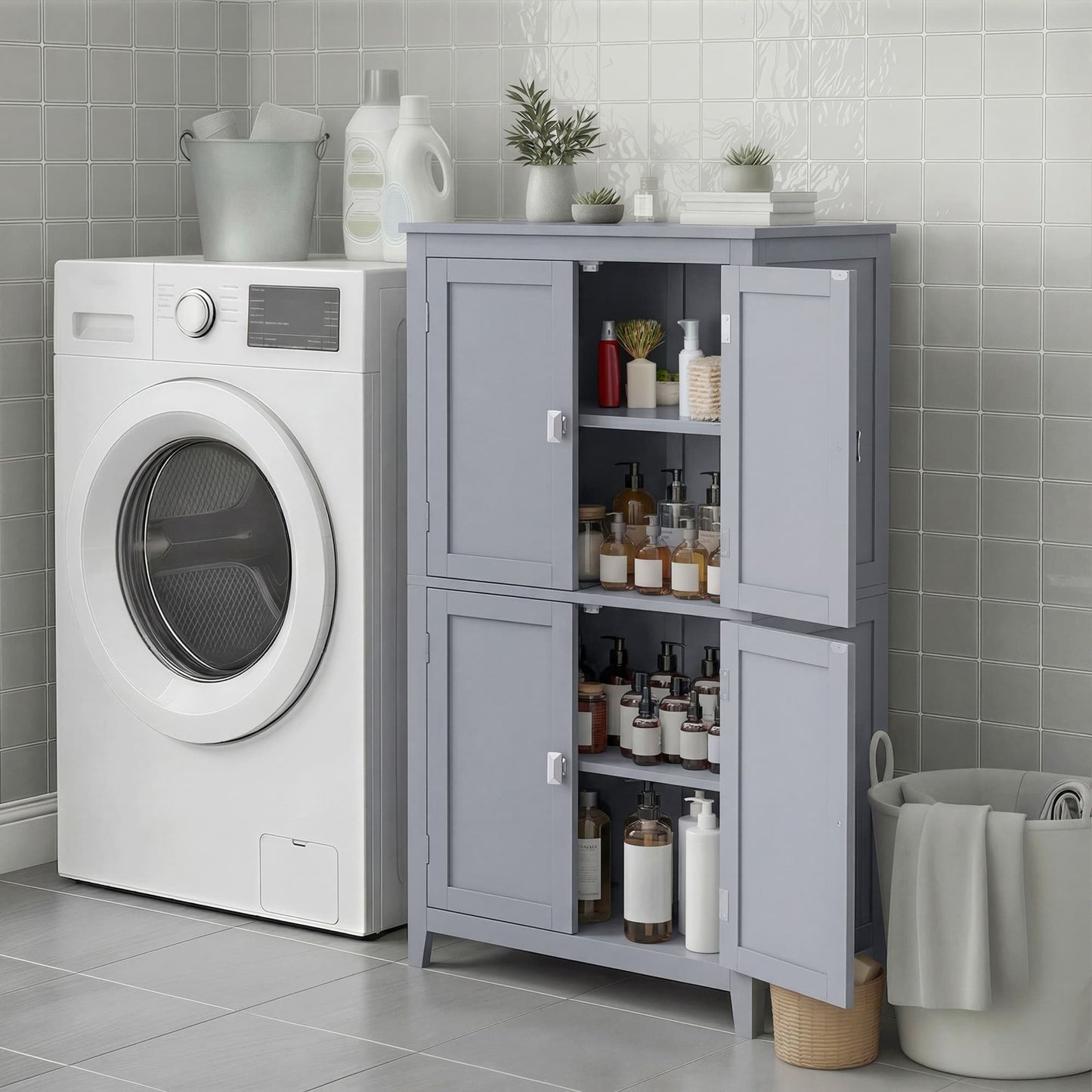 VASAGLE Freestanding Storage Cabinet with Adjustable Shelves – Mystic Gray