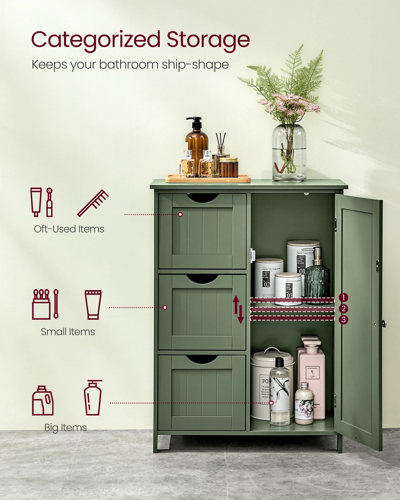 VASAGLE Bathroom Floor Storage Cabinet – Forest Green