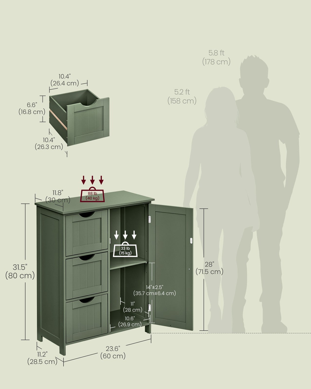 VASAGLE Bathroom Floor Storage Cabinet – Forest Green