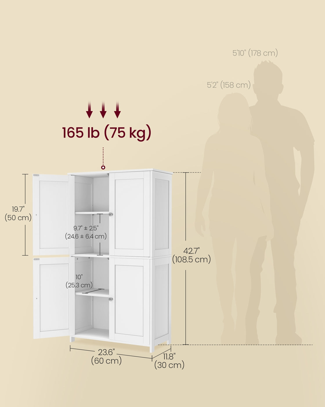 VASAGLE Floor Storage Cabinet with Adjustable Shelves and Doors – Cloud White