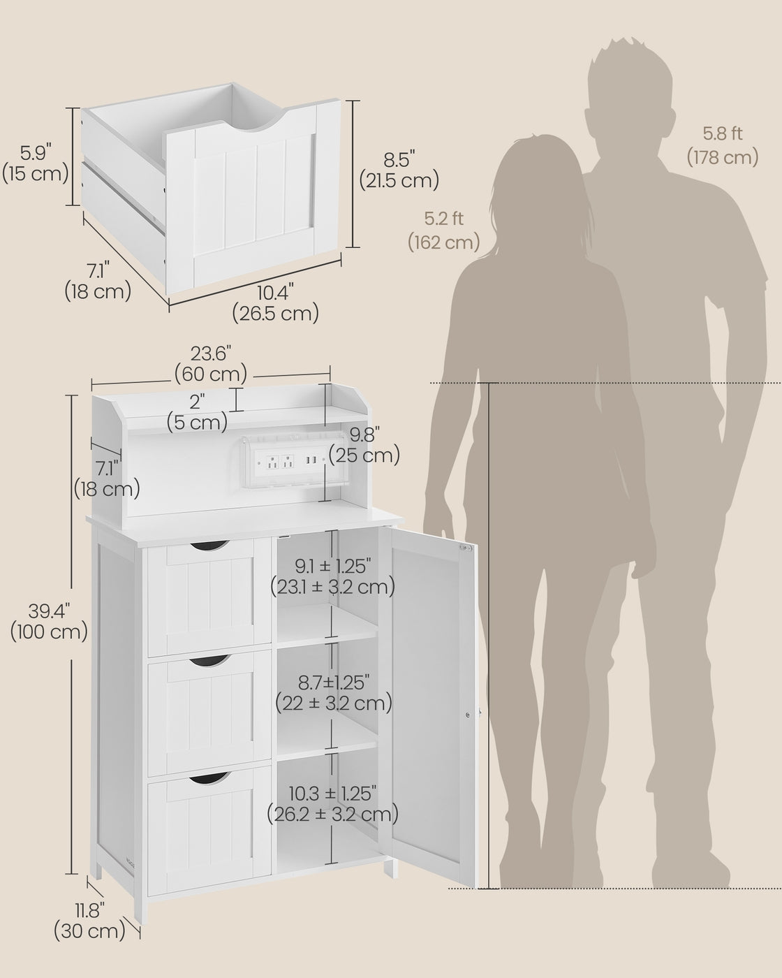 VASAGLE 39.4-Inch Tall Storage Cabinet with Power Strip 2 Adjustable Shelves Cloud White