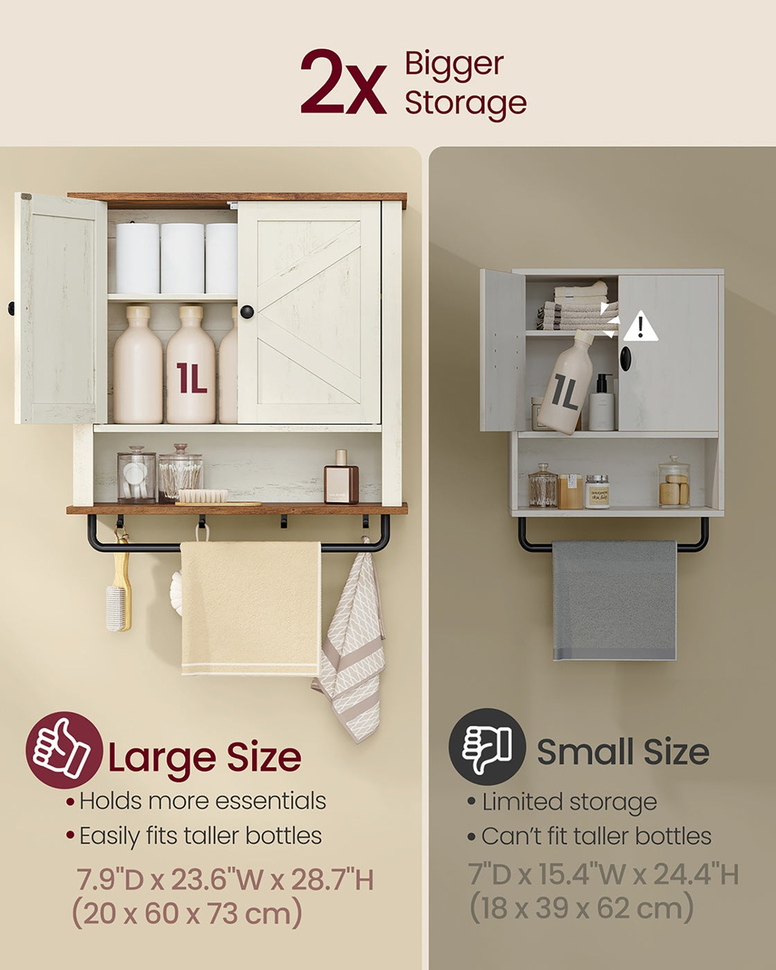VASAGLE Liry Bathroom Wall Cabinet – Rustic White – 7.9"D x 23.6"W x 28.7"H