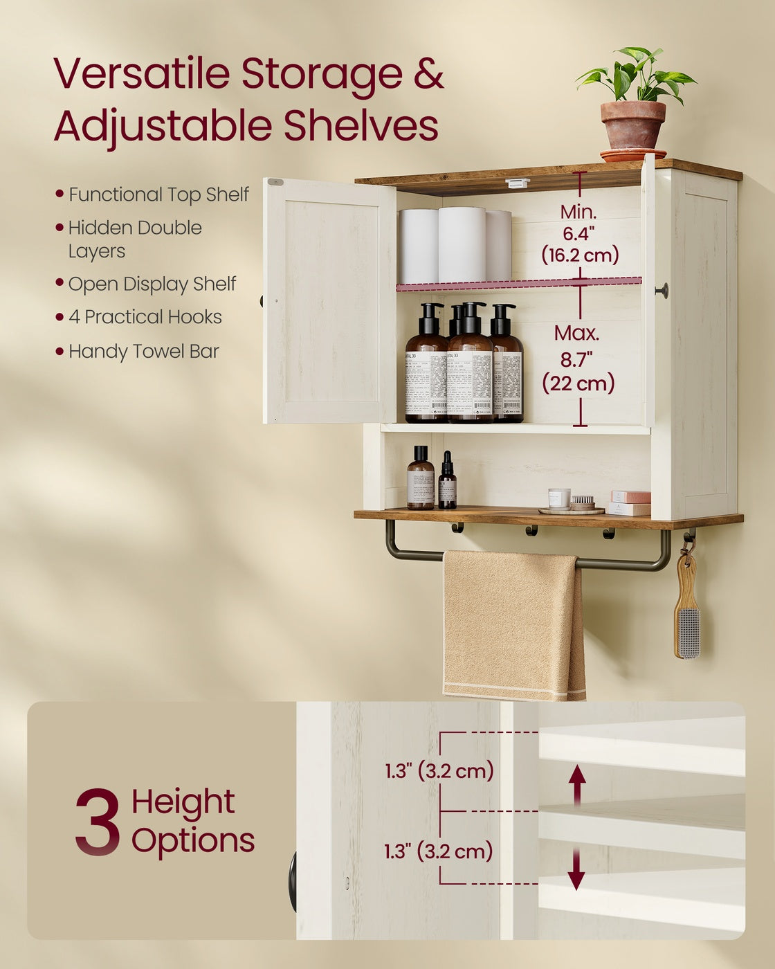 VASAGLE Liry Bathroom Wall Cabinet – Rustic White – 7.9"D x 23.6"W x 28.7"H