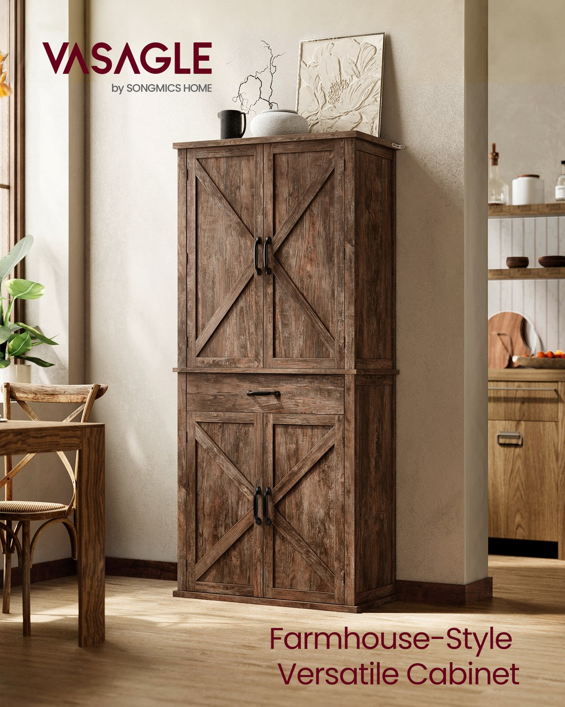 VASAGLE Liry Pantry Cabinet 15.7 X 30 X 71.7 Inches 2 Cabinets 6 Adjustable Shelves Deep Brown – Hazelnut Brown