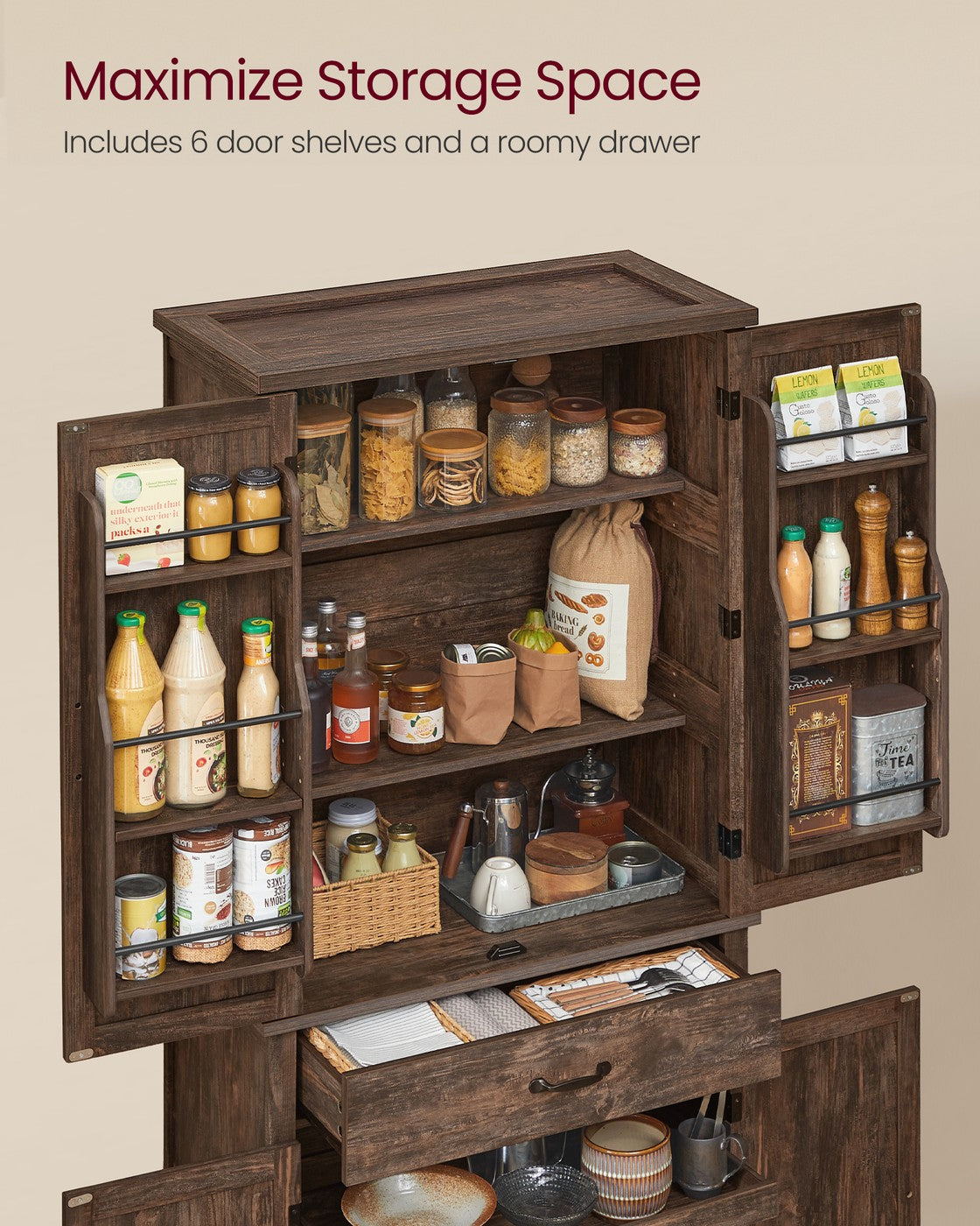 VASAGLE Liry Pantry Cabinet 15.7 X 30 X 71.7 Inches 2 Cabinets 6 Adjustable Shelves Deep Brown – Hazelnut Brown