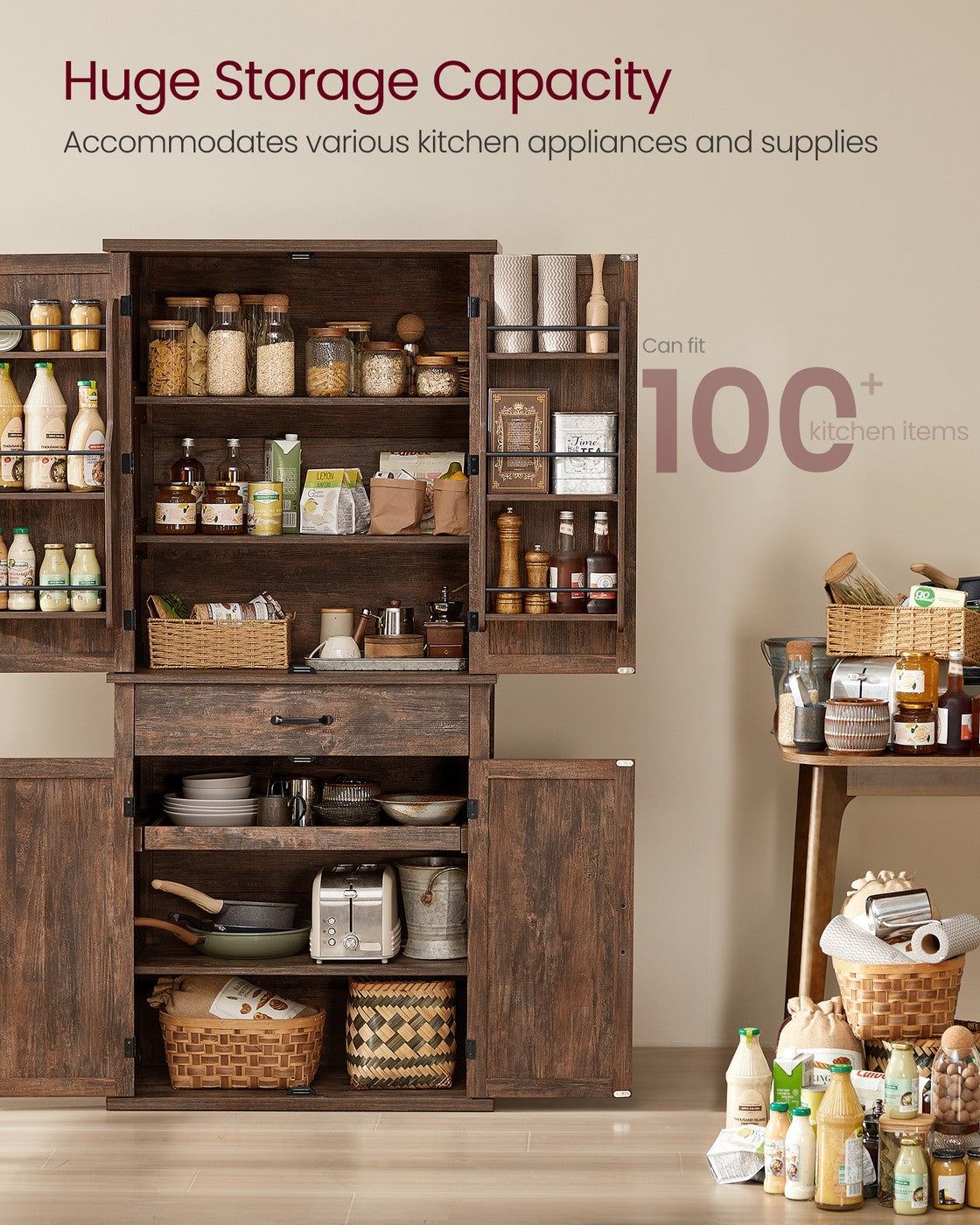 VASAGLE Liry Pantry Cabinet 15.7 X 30 X 71.7 Inches 2 Cabinets 6 Adjustable Shelves Deep Brown – Hazelnut Brown