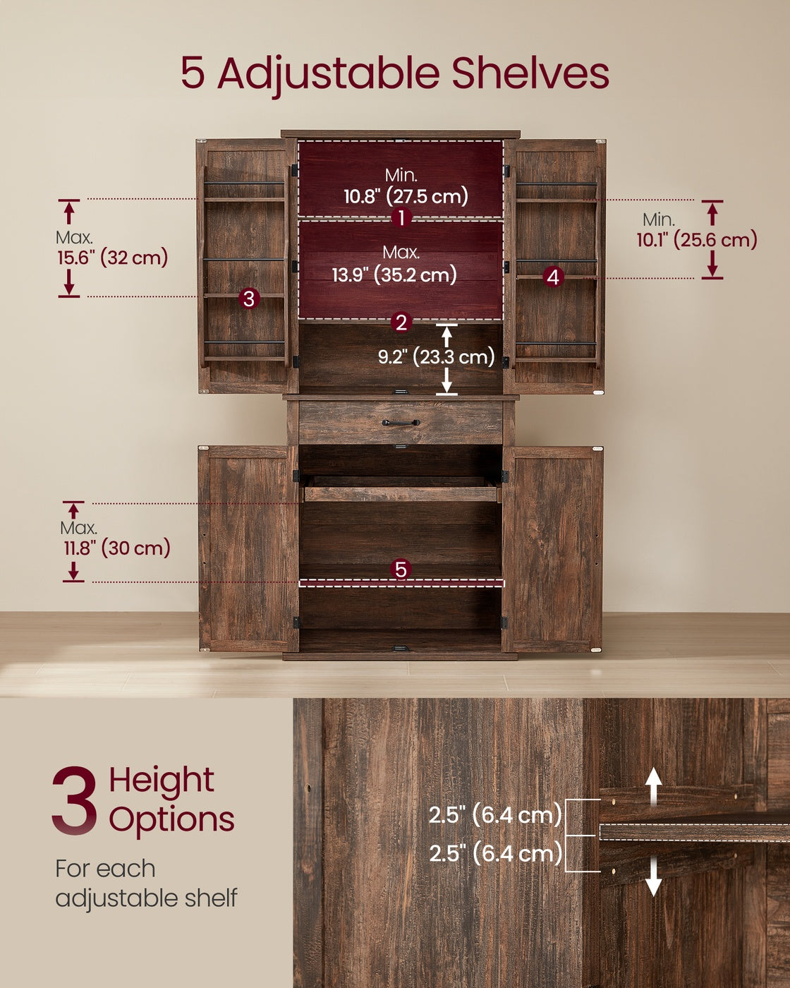 VASAGLE Liry Pantry Cabinet 15.7 X 30 X 71.7 Inches 2 Cabinets 6 Adjustable Shelves Deep Brown – Hazelnut Brown