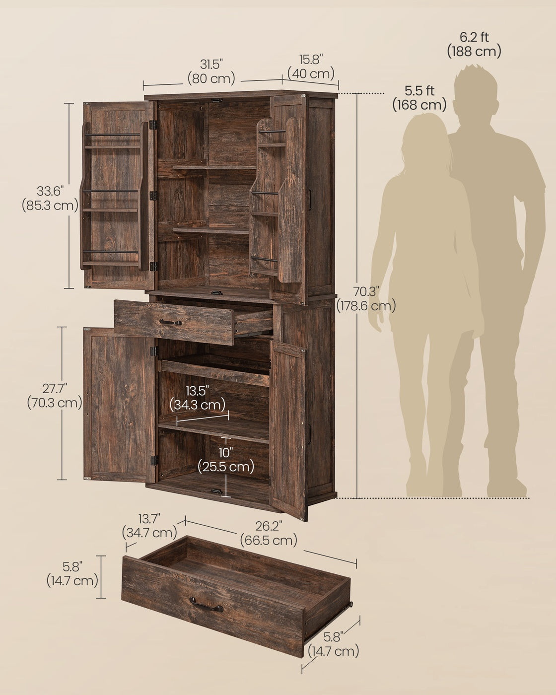 VASAGLE Liry Pantry Cabinet 15.7 X 30 X 71.7 Inches 2 Cabinets 6 Adjustable Shelves Deep Brown – Hazelnut Brown